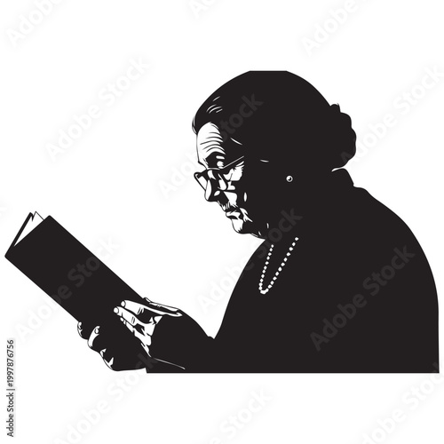 Silhouette of an elderly woman with glasses reading a book