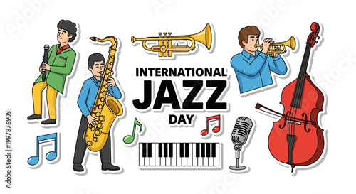 A vibrant vector illustration celebrating International Jazz Day features musicians playing saxophone, trumpet, piano, and double bass, with musical notes and a microphone against a clean