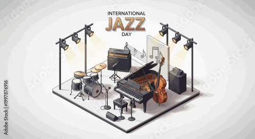 Isometric vector illustration depicting International Jazz Day, showcasing a stage setup with a grand piano, double bass, drums, and spotlights against a clean white background