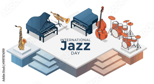 Isometric vector illustration promoting International Jazz Day, featuring a saxophone, piano, trumpet, double bass, and drums arranged on platforms with stairs, set against a clean white