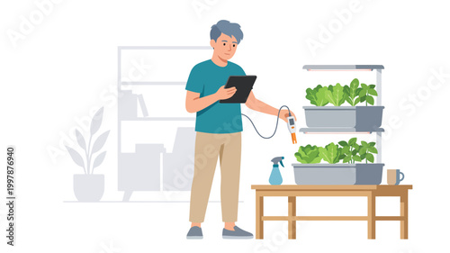 Young man monitoring indoor smart garden plants with digital tablet