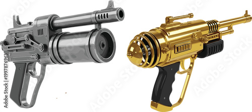 Futuristic Ray Gun Set with Metallic Sci Fi Laser Blasters for Space Combat, Advanced Technology Concept, and Science Fiction Weapon Illustration Design