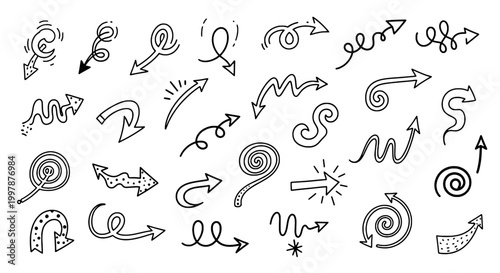 Arrows doodle icons set with playful spiral and wavy motion lines for direction signage and graphic design