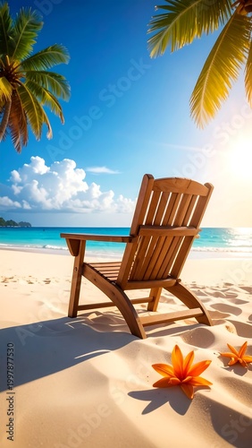 Sunny beach scene with a wooden chair facing the ocean, palm trees, golden light and sand. Flowers sit in the sand