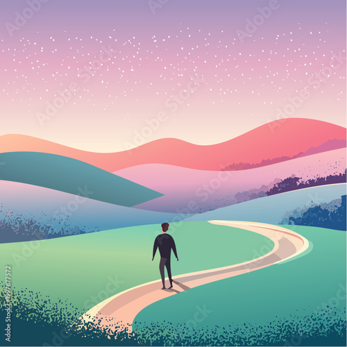 A solitary figure gazes upon a serene, rolling landscape at dusk, with a winding path leading onward