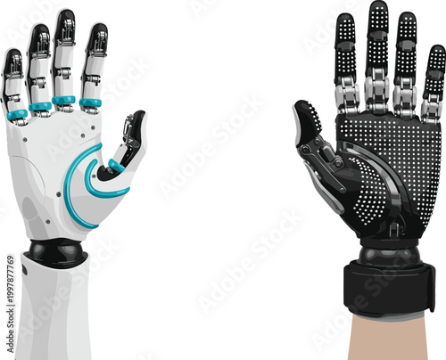 Futuristic robotic hand vector illustration set with advanced prosthetic technology, artificial intelligence concept, cybernetic limbs design isolated on white background