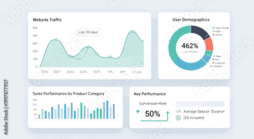 Photos Infographic with website traffic, user demographics, sales performance, and key