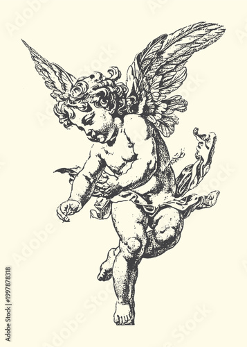 Cherub statue in dynamic pose flying sculpture mythology classical innocence heavenly illustration decoration monochrome iconography symbolic ethereal movement graceful cherubic