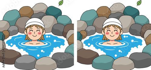 Relaxing Onsen (Hot Spring) Illustration with Character for Wellness, Spa, and Japanese Culture Design Projects