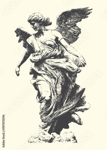 Obraz na plátně Angel statue in flowing robes looking down sculpture mythology classical guardia