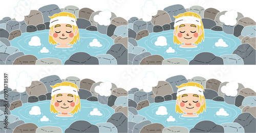 Cute Character in Onsen Hot Spring Illustration for Relaxation, Wellness, and Japanese Culture Design Projects