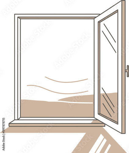 Simple line drawing of an open rectangular house window frame showing a clear view outside while casting soft shadows on the white floor below the wall.