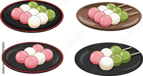 Delicious Dango (Japanese Rice Dumplings) Illustration with Green, Pink, and White Dumplings for Food, Culture, and Japanese Design Projects