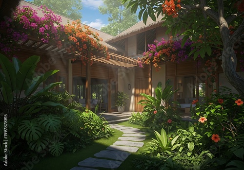 Tropical Villa Courtyard with Lush Garden and Stone Path