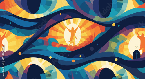 Resurrection Scene with Divine Light and Abstract Waves, Religious Symbolism