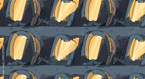 Underground cave entrances with glowing golden treasure inside, pattern background