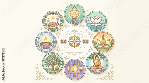 Vesak day spiritual vector icon set under the full moon with religious symbols and elements.