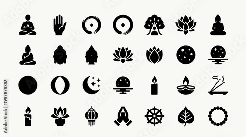 Vesak day spiritual elements vector icon set features full moon, Buddhist symbols, and meditation icons on a simple background.