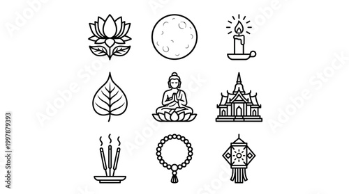 Vesak day celebration icons featuring a full moon, Buddha, lotus, temple, and candle under spiritual elements.
