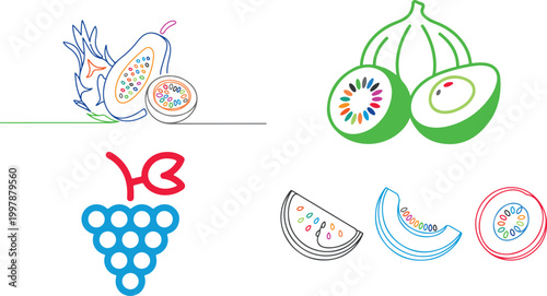 Colorful fruit icons including kiwi watermelon grape and pears with seeds