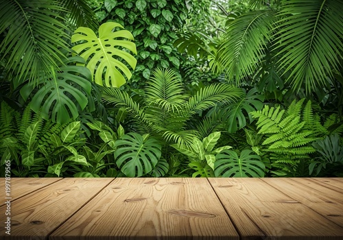 Wooden table top with lush tropical green jungle leaves background