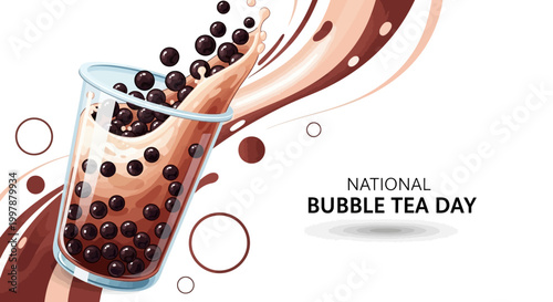 A vector illustration celebrates National Bubble Tea Day with a close-up of a plastic cup overflowing with boba pearls against a clean white background, rendered in a flat lay style