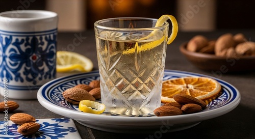 Greek masticha liqueur in traditional cut glass liqueur glass