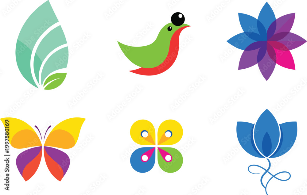 Obraz premium Vibrant Nature and Animal Icons Featuring Butterflies, Birds, Flowers, and Leaves for Eco-Friendly, Nature, and Design Projects