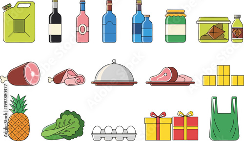 Grocery and food icons vector illustration set with meat, drinks, vegetables, gifts and household items, colorful supermarket collection isolated on white background