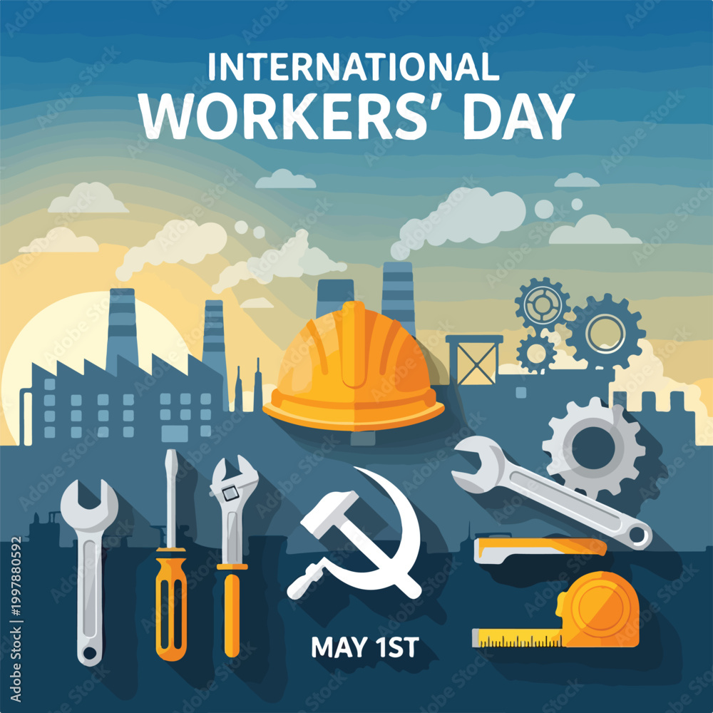 Obraz premium International Workers' Day poster with tools and industrial background