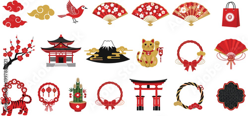 Japanese New Year and Festival Icon Set Featuring Mount Fuji, Lucky Cat, Torii Gate, Tiger, and Traditional Elements for Cultural and Celebration Designs