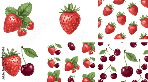 Strawberry and cherry collection with seamless patterns and fresh berries, realistic fruit vector illustration set for summer food design