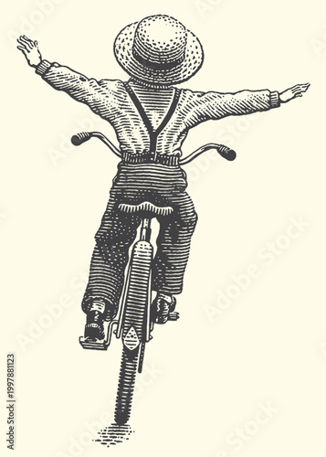 Retro drawing of a child on a bicycle with arms outstretched youngster transportation outstretched happiness outdoors illustration activity childhood innocence suspender