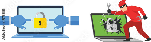 Cybersecurity Threats and Protection Illustrations with Locked Laptops and Hacker Attacks for Online Security Awareness