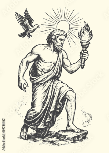 Ancient man holding a torch and a bird flying above symbolizing prometheus mythology sculpture illustration classical symbolic illumination radiance outdoors muscular knowledge