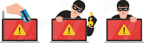 Cybersecurity Threat Illustration with Hacker Accessing Laptops for Fraud, Identity Theft, and Online Security Awareness