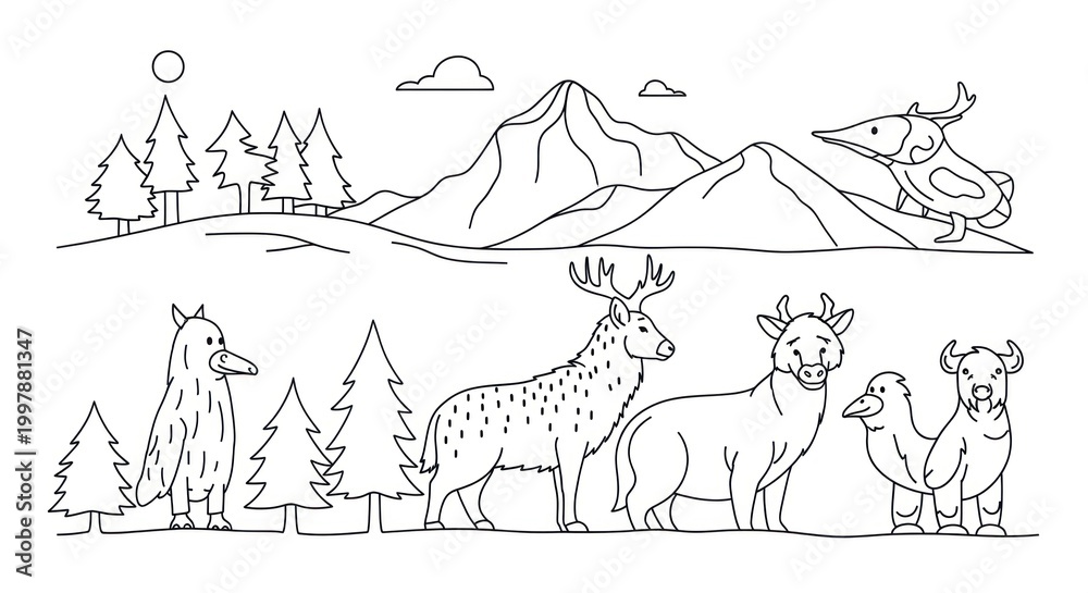 Obraz premium A black and white illustration of a mountain landscape with a river, trees, a