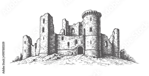 Ancient stone castle ruins grassy hill in style architecture medieval