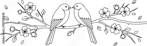 Minimalist line art birds on branch vector illustration