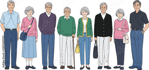 Group of senior people standing together vector illustration featuring elderly men and women in casual clothing representing aging population diversity and retirement lifestyle