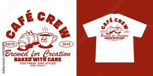 Funny cartoon character of coffee and croissant Graphic Design for T shirt Street Wear and Urban Style
