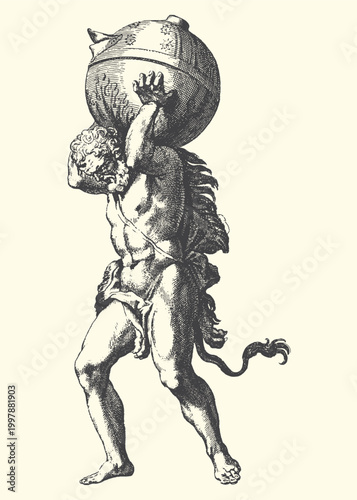 Illustration of atlas carrying the globe on his shoulders with carrying shoulders mythology sculpture illustration classical strength responsibility celestial hemisphere continents mythical