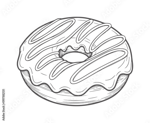 Hand drawn of a glazed ring donut with drizzled icing food sweet
