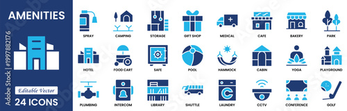 Building amenities icon set. Containing elevator, parking, swimming pool, security, reception, wifi, spa, lounge. Solid vector icons collection. Vector illustration.