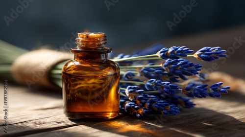 A small amber glass bottle of lavender essential oil on a wooden table