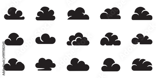 Various cloud shapes and forms in solid black fill representing different types of clouds and weather conditions.