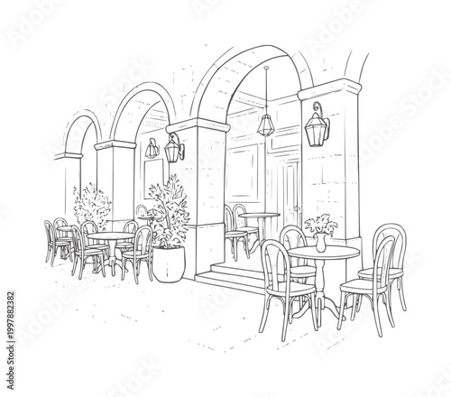 Of an outdoor cafe seating area with arched walkways tables