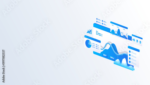 Isometric stock market data analysis with buy and sell financial analytics dashboard, and stock market research concept in blue digital style