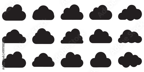 Bundle of different black flat clouds isolated on white background useful for weather reporting web interface design and creative digital asset projects.