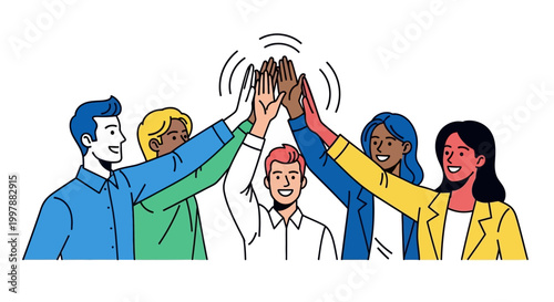 Diverse group of people high fiving.